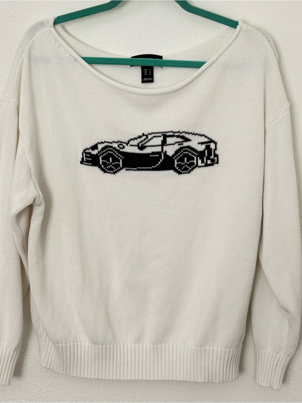 Arden B Ivory Off Shoulder Knit Car Graphic Sweater White Size L Cozycore Y2K